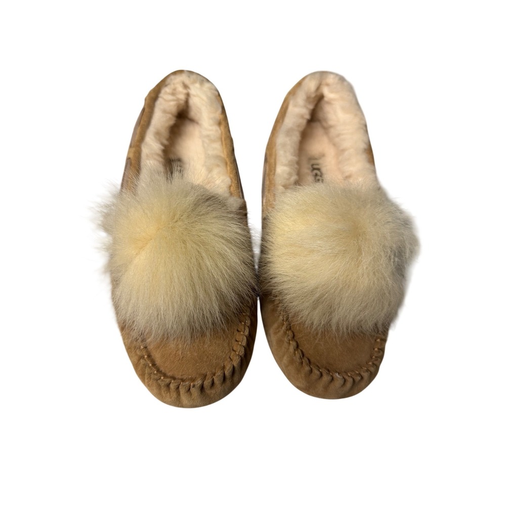 UGG Dakota Pom Pom Slippers Chestnut Suede Fox Fur Moccasins 1019015 Womens 6